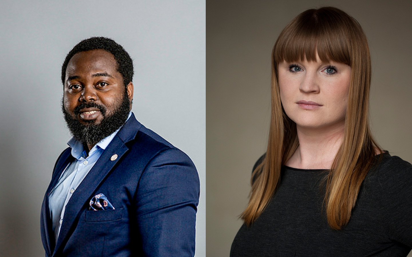 Två halvkroppsbilder bredvid varandra på Momodou Malcolm Jallow och Clara Lindblom mot blå och grå bakgrund. Fotografer: Jessica Segerberg och Malcolm Jacobson