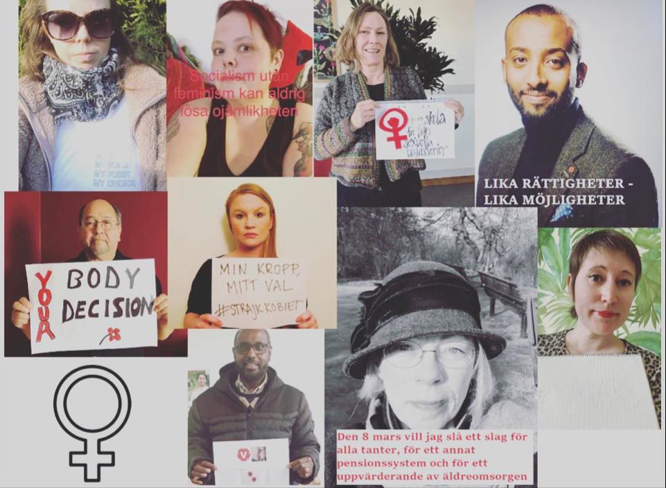 8-marskollage med flera politiker som håller upp feministiska budskap