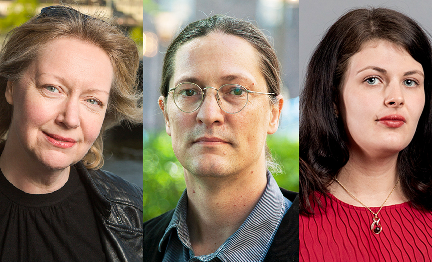 Porträtt av Ros-Marie, Rikard och Deniz framför grönska.