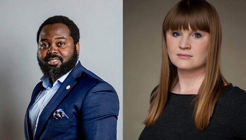 Två halvkroppsbilder bredvid varandra på Momodou Malcolm Jallow och Clara Lindblom mot blå och grå bakgrund. Fotografer: Jessica Segerberg och Malcolm Jacobson