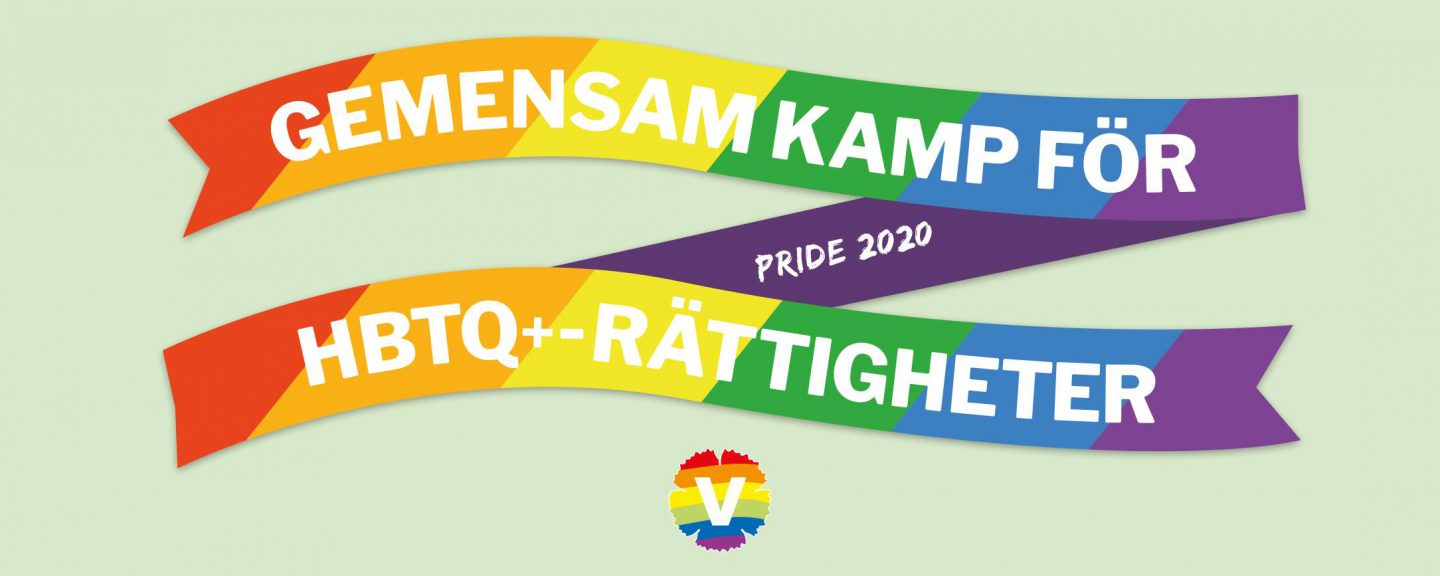 Bild med texten Gemensam kamp för HBTQ rättigheter med regnbåpgsfärgat band i bakgrunden