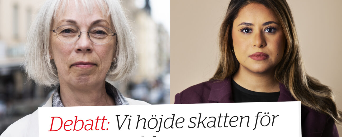 Porträtt på nadja i lila kavaj och Torun i ljus kappa med texten Debatt: Vi höjde skatten för att rädda äldreomsorgen