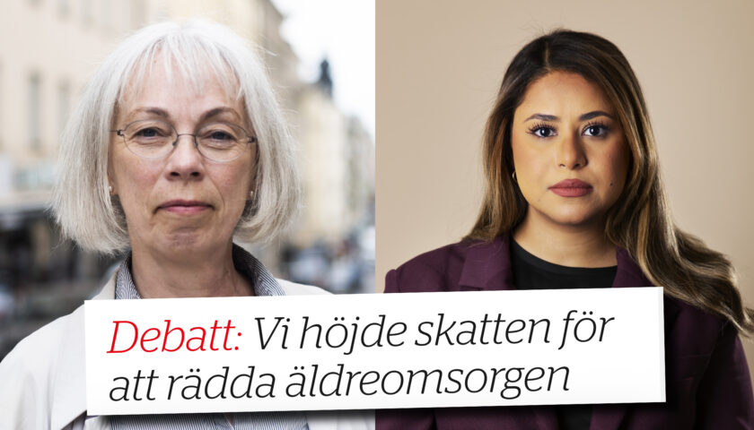 Porträtt på nadja i lila kavaj och Torun i ljus kappa med texten Debatt: Vi höjde skatten för att rädda äldreomsorgen